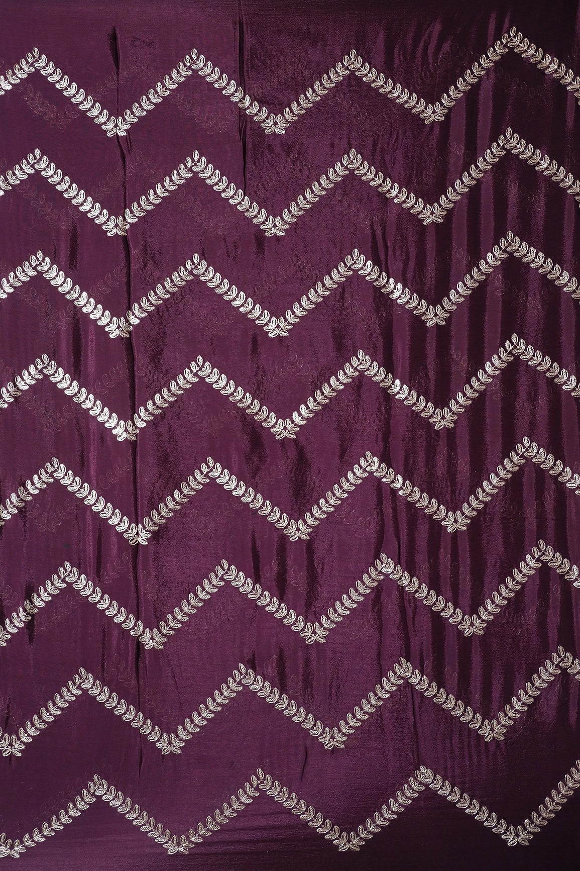 Gold Zari With Gold Sequins Chevron Embroidery Work On Wine Chinnon Chiffon Fabric - doeraa