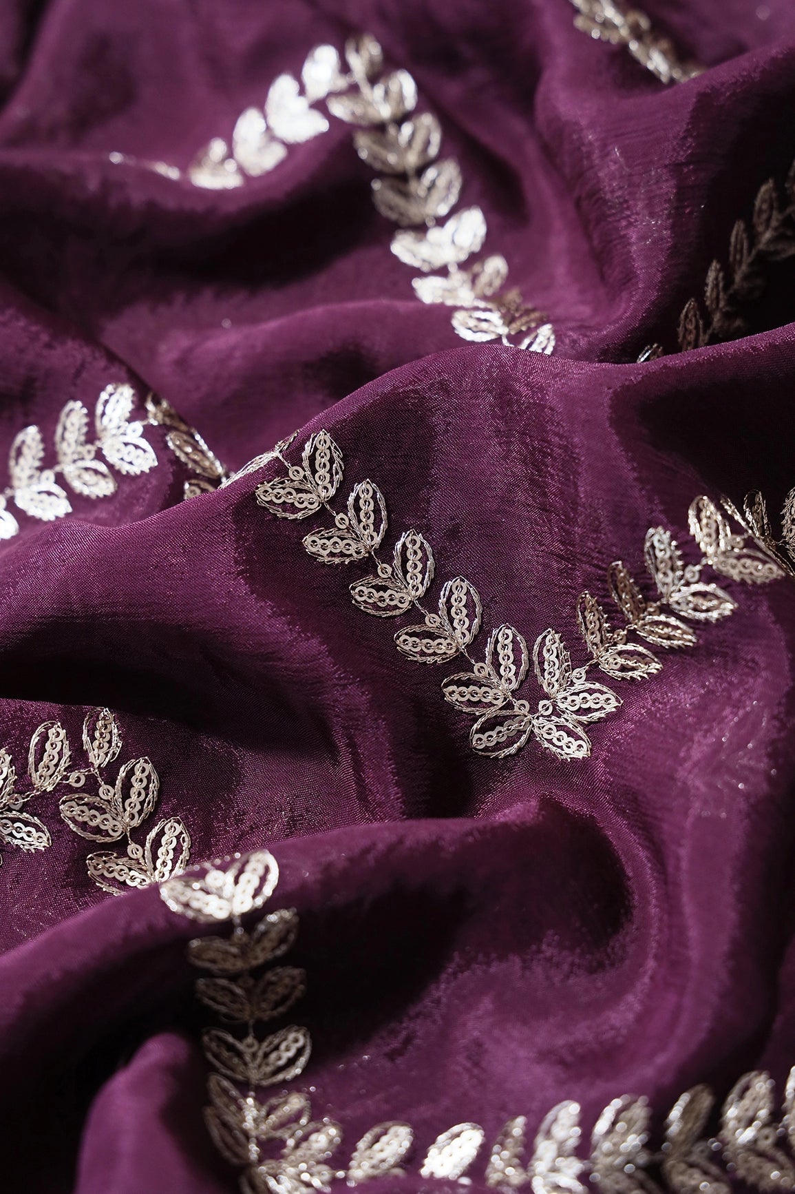 Gold Zari With Gold Sequins Chevron Embroidery Work On Wine Chinnon Chiffon Fabric - doeraa