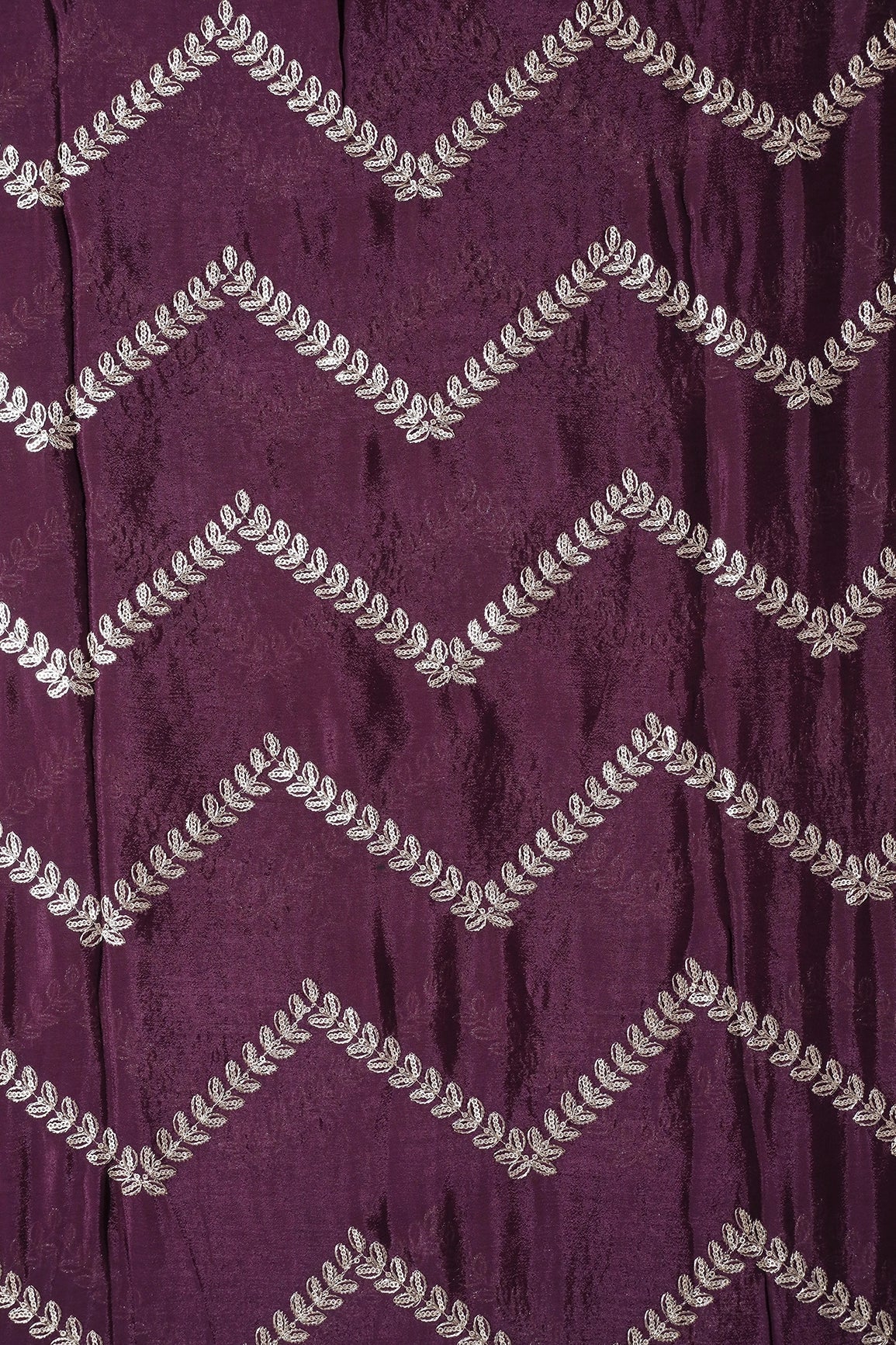 Gold Zari With Gold Sequins Chevron Embroidery Work On Wine Chinnon Chiffon Fabric - doeraa