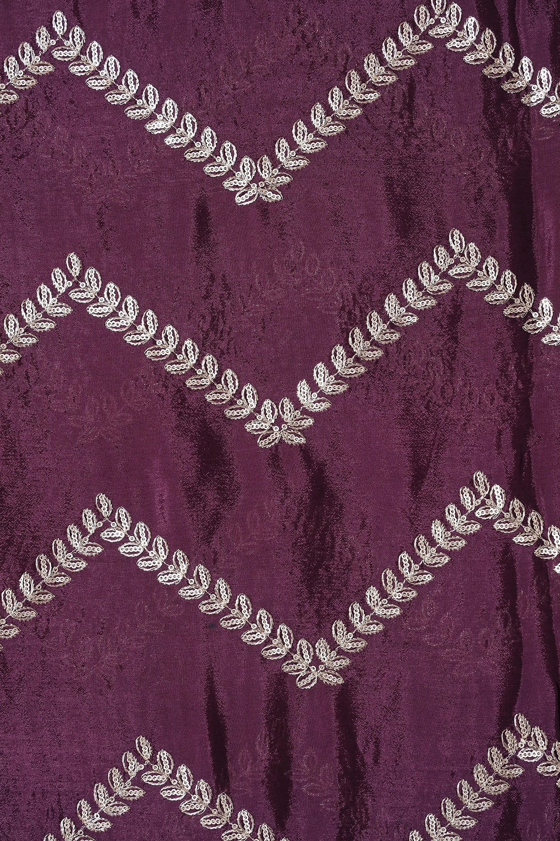 Gold Zari With Gold Sequins Chevron Embroidery Work On Wine Chinnon Chiffon Fabric - doeraa