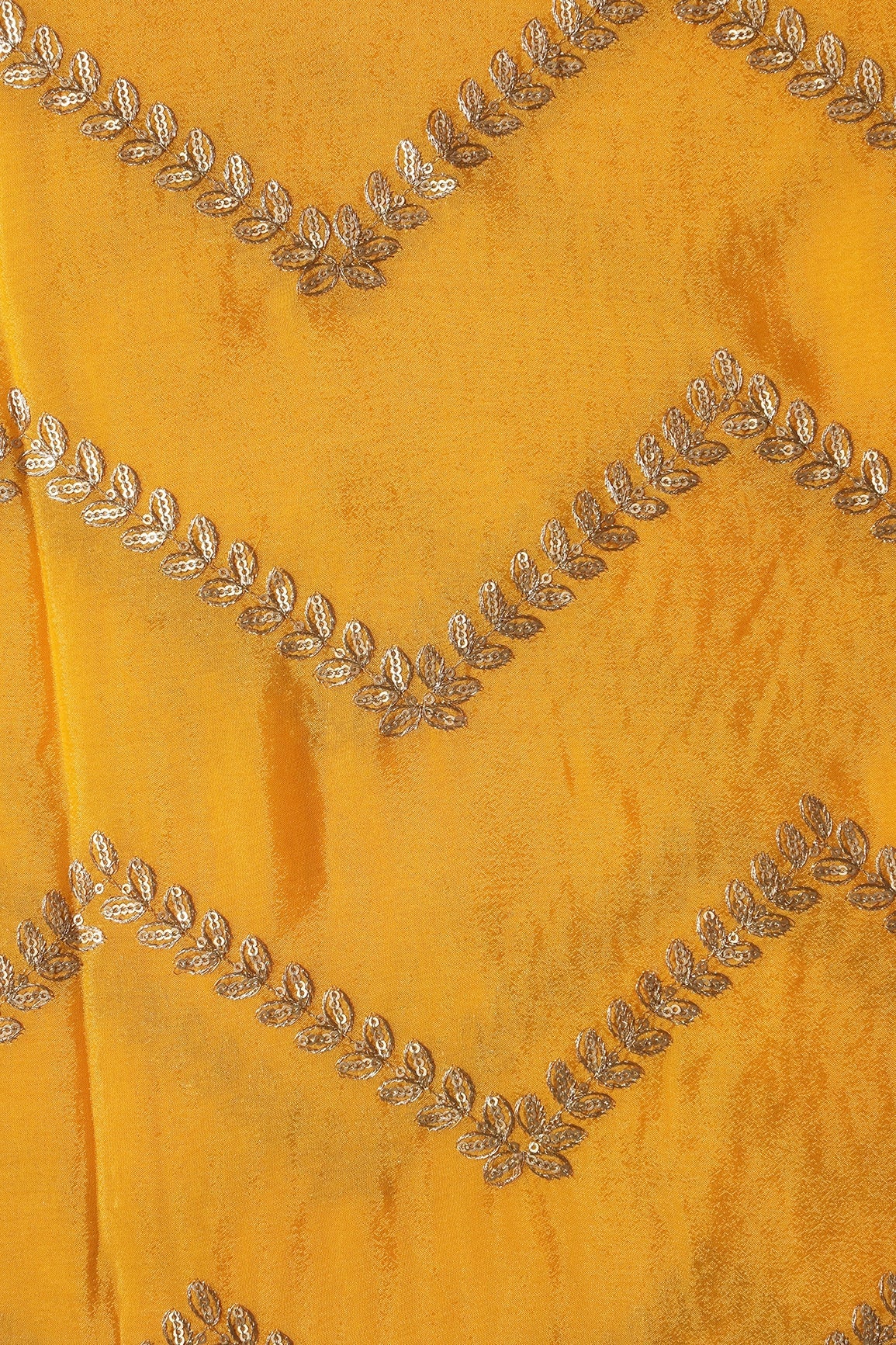 Gold Zari With Gold Sequins Chevron Embroidery Work On Yellow Chinnon Chiffon Fabric - doeraa