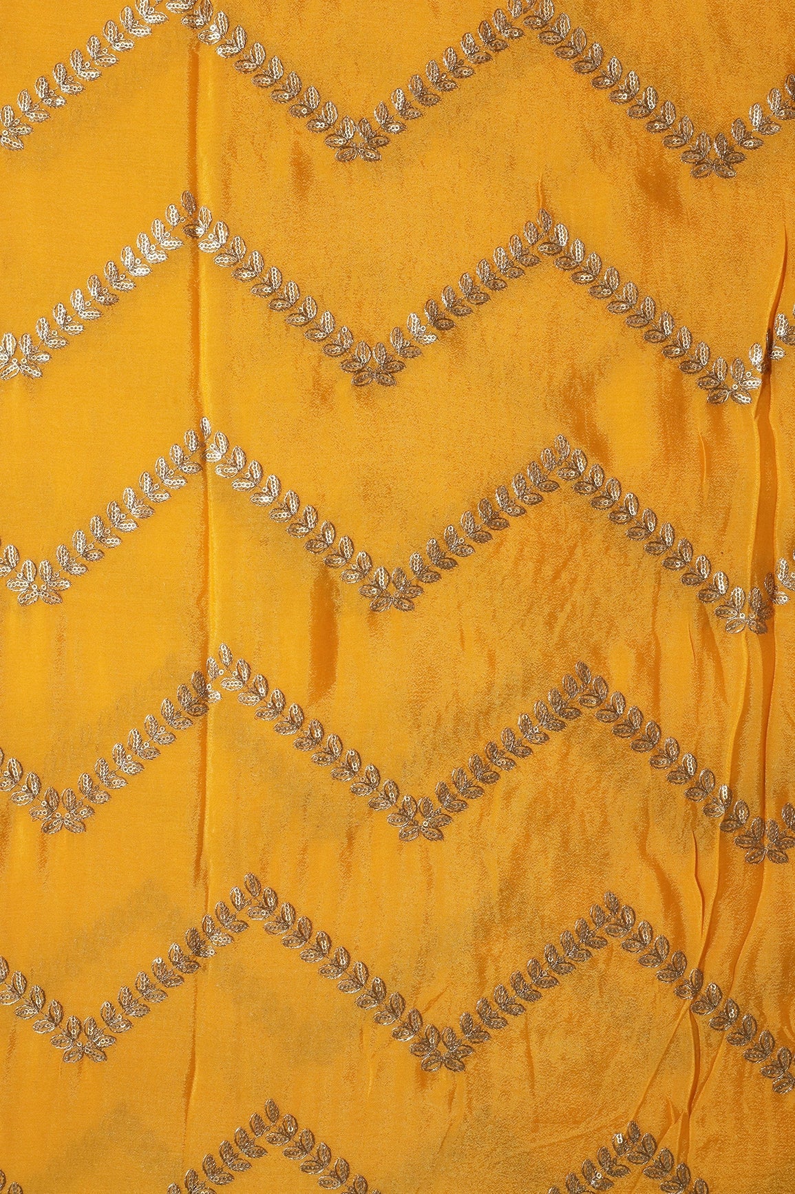 Gold Zari With Gold Sequins Chevron Embroidery Work On Yellow Chinnon Chiffon Fabric - doeraa