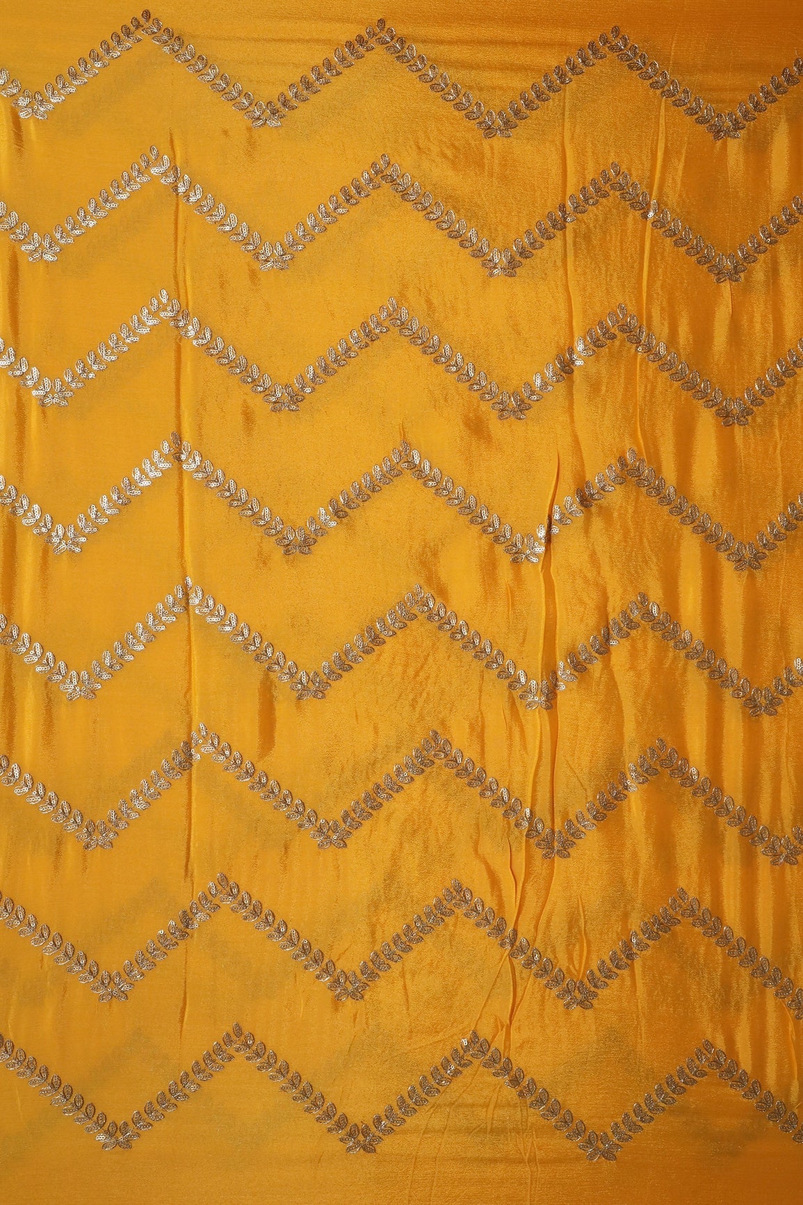 Gold Zari With Gold Sequins Chevron Embroidery Work On Yellow Chinnon Chiffon Fabric - doeraa