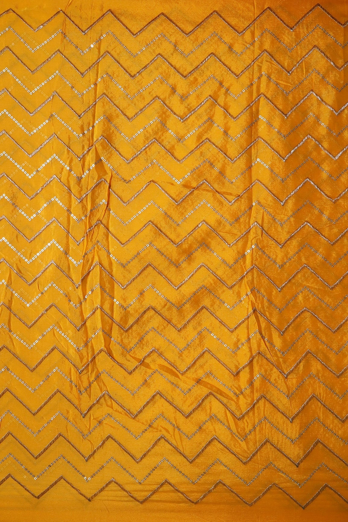 Gold Zari With Gold Sequins Chevron Embroidery Work On Yellow Chinnon Chiffon Fabric - doeraa