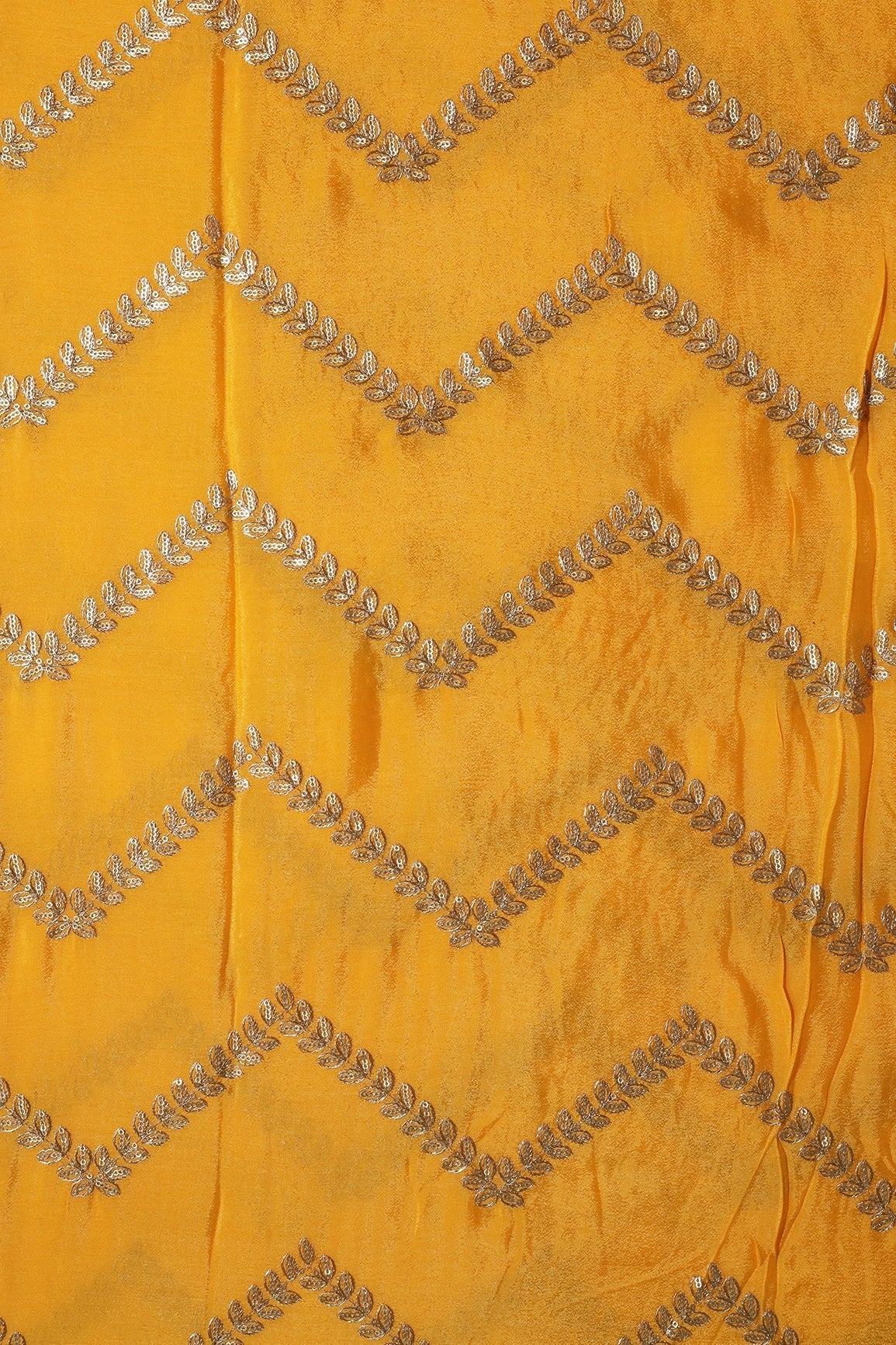 Gold Zari With Gold Sequins Chevron Embroidery Work On Yellow Chinnon Chiffon Fabric - doeraa