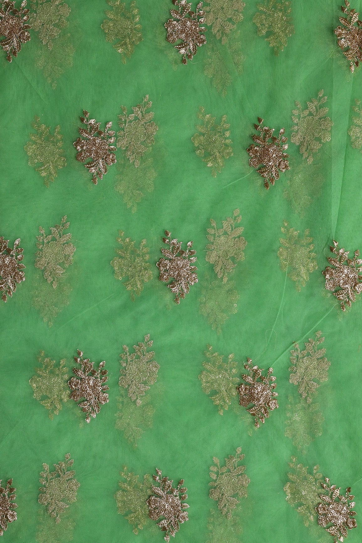 Gold Zari With Gold Sequins Floral Embroidery Work On Light Green Soft Net Fabric - doeraa
