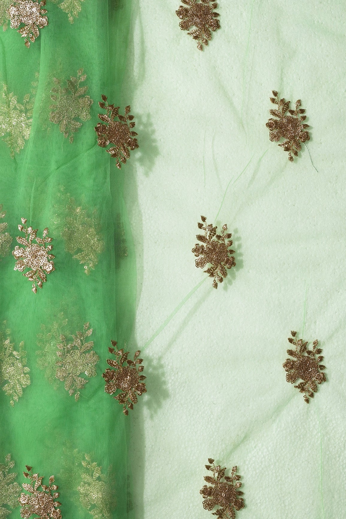 Gold Zari With Gold Sequins Floral Embroidery Work On Light Green Soft Net Fabric - doeraa