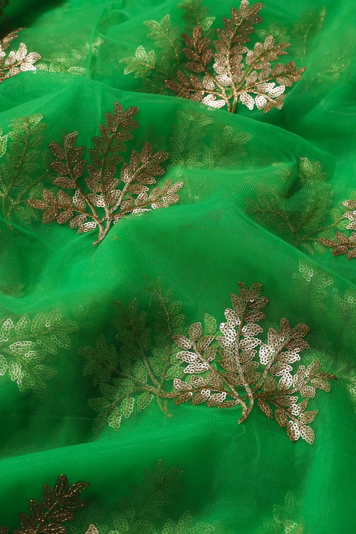 Gold Zari With Gold Sequins Leafy Embroidery Work On Dark Parrot Green Soft Net Fabric - doeraa