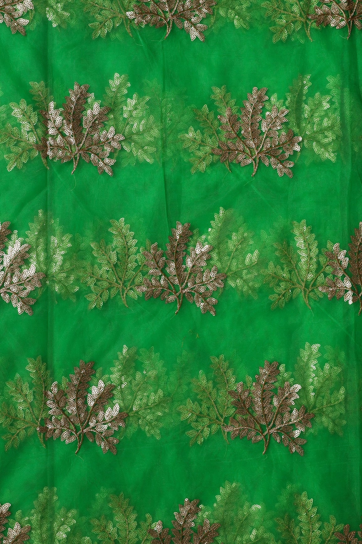 Gold Zari With Gold Sequins Leafy Embroidery Work On Dark Parrot Green Soft Net Fabric - doeraa
