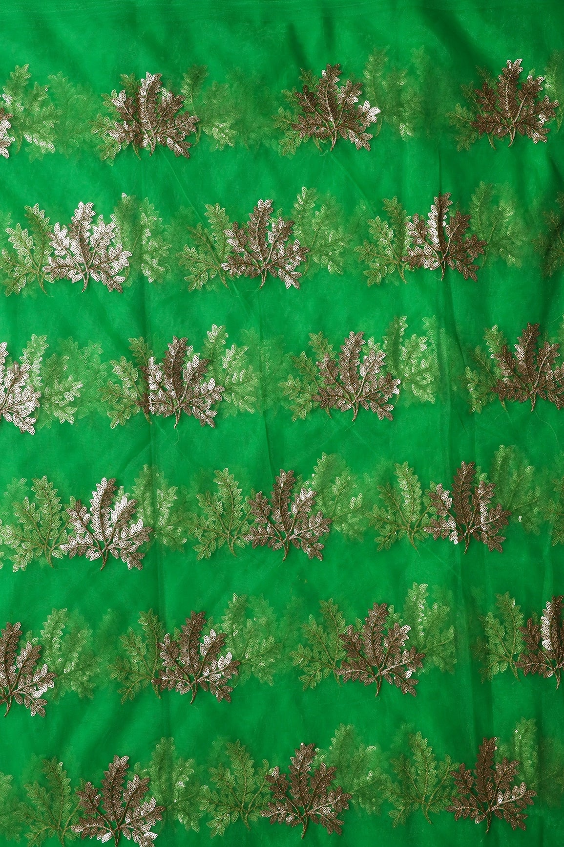 Gold Zari With Gold Sequins Leafy Embroidery Work On Dark Parrot Green Soft Net Fabric - doeraa