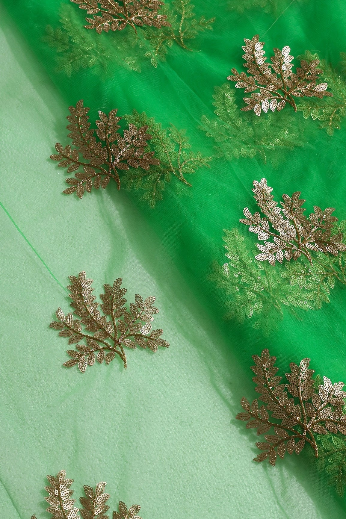 Gold Zari With Gold Sequins Leafy Embroidery Work On Dark Parrot Green Soft Net Fabric - doeraa