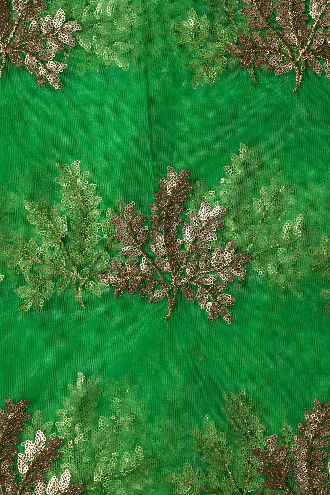 Gold Zari With Gold Sequins Leafy Embroidery Work On Dark Parrot Green Soft Net Fabric - doeraa