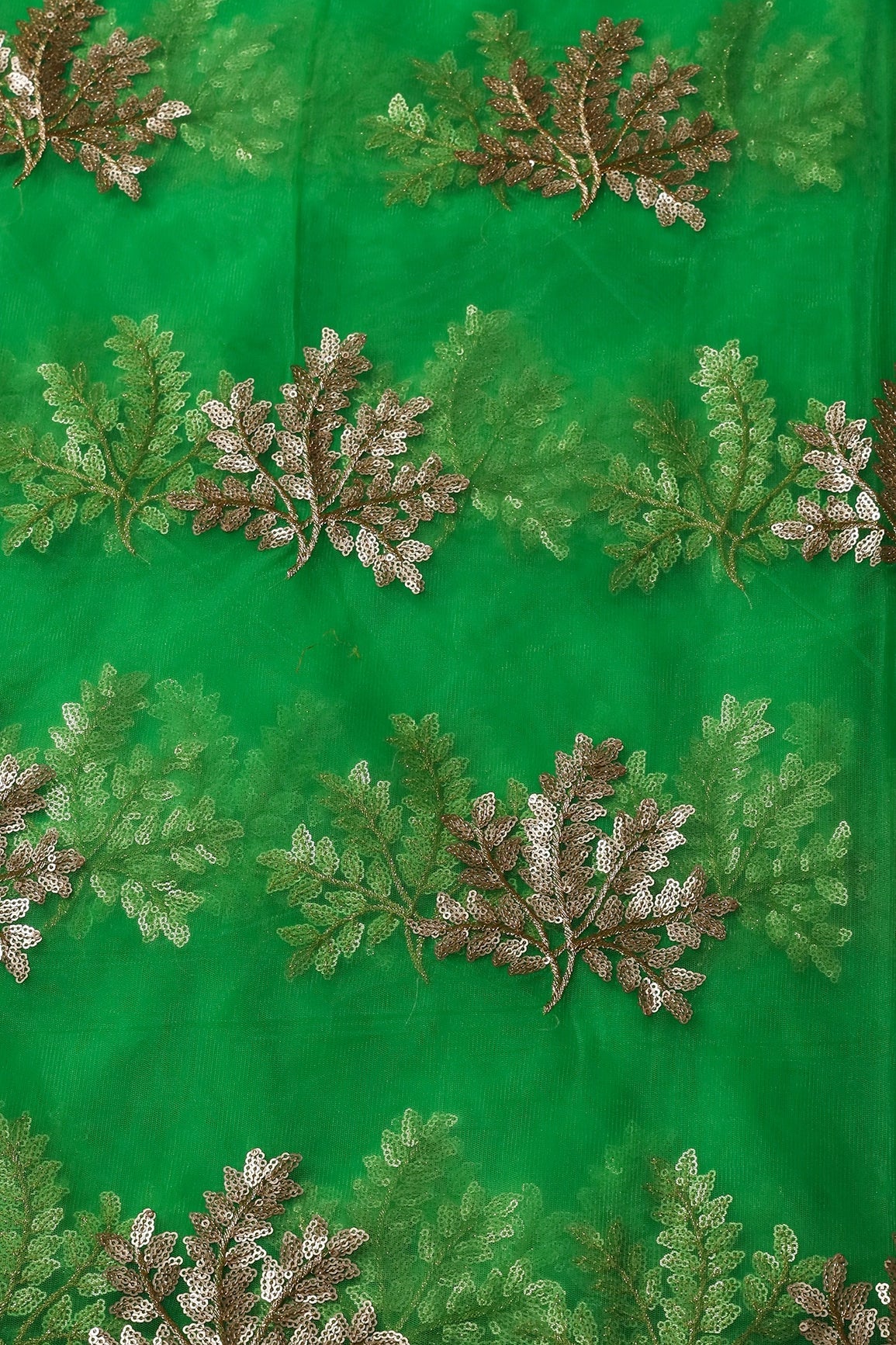 Gold Zari With Gold Sequins Leafy Embroidery Work On Dark Parrot Green Soft Net Fabric - doeraa