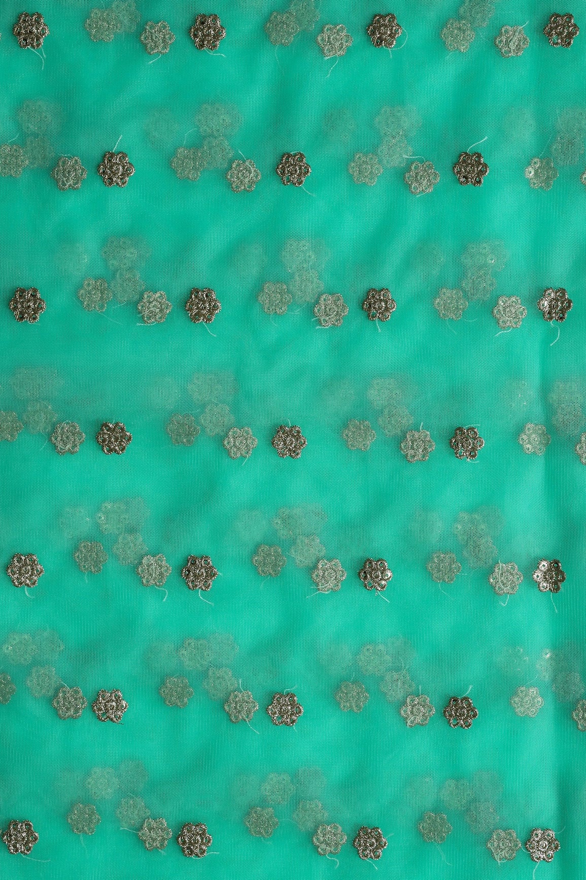 Gold Zari With Gold Sequins Small Booti Embroidery Work On Sea Green Soft Net Fabric - doeraa