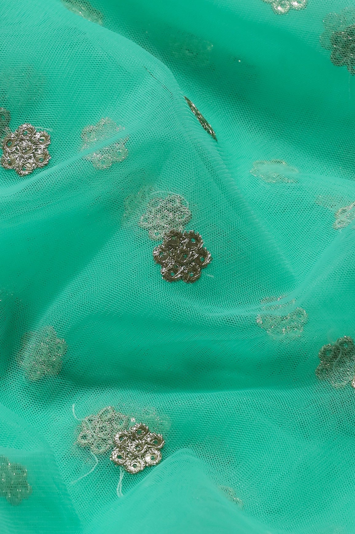 Gold Zari With Gold Sequins Small Booti Embroidery Work On Sea Green Soft Net Fabric - doeraa