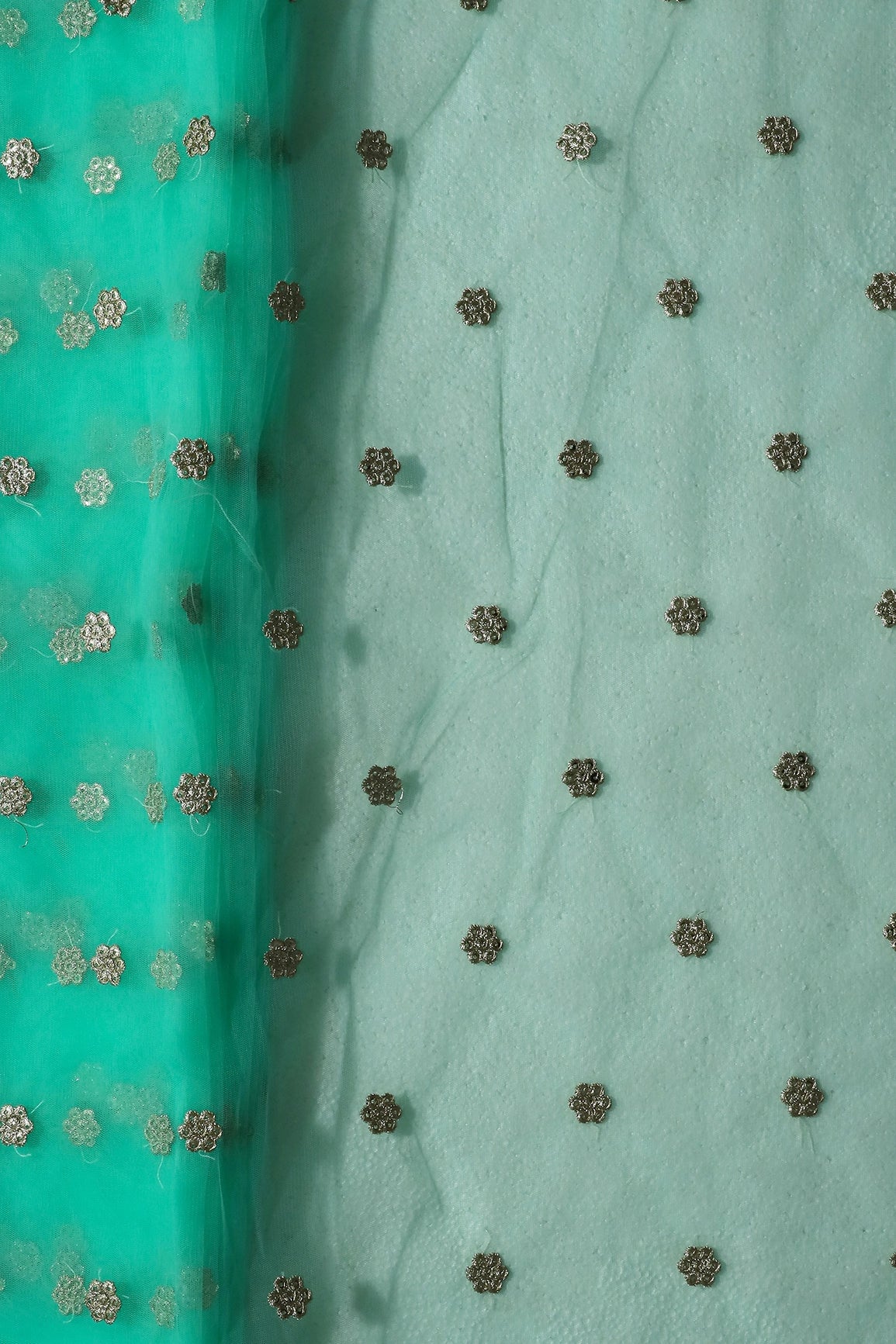 Gold Zari With Gold Sequins Small Booti Embroidery Work On Sea Green Soft Net Fabric - doeraa