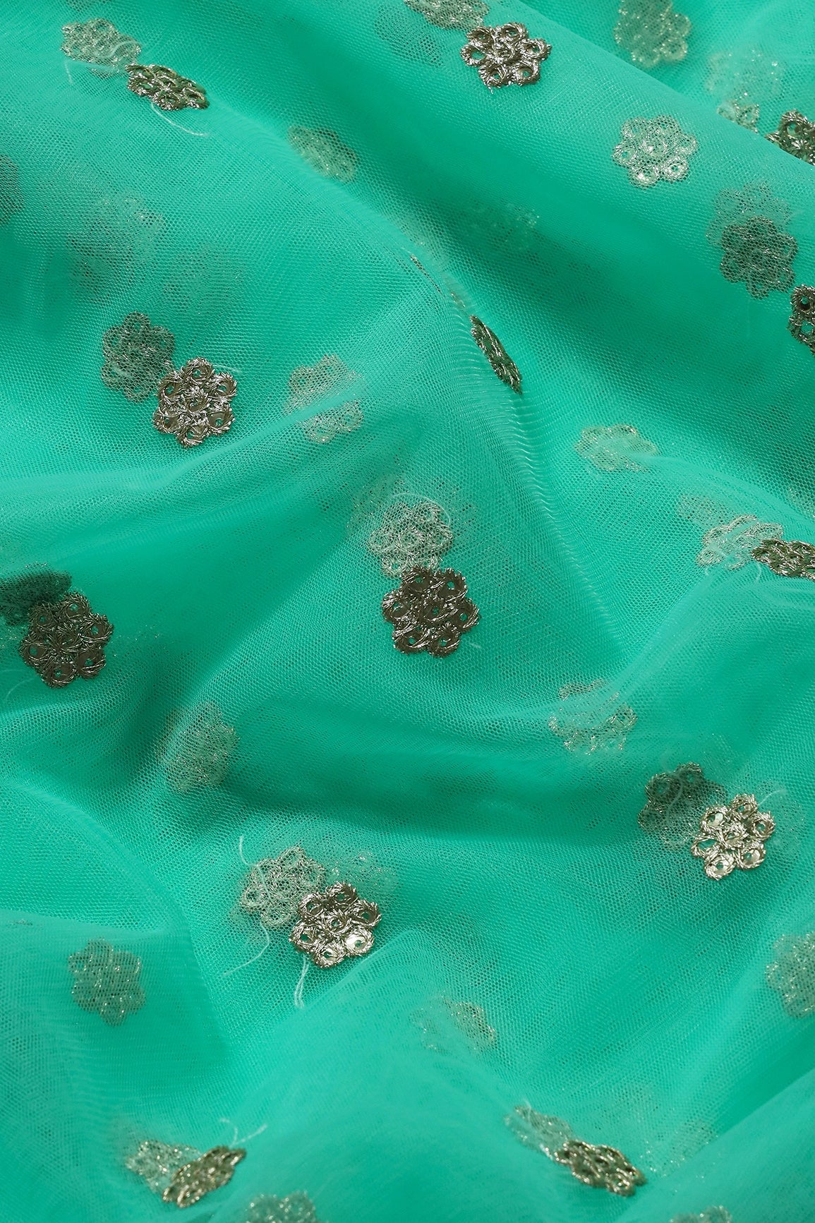 Gold Zari With Gold Sequins Small Booti Embroidery Work On Sea Green Soft Net Fabric - doeraa