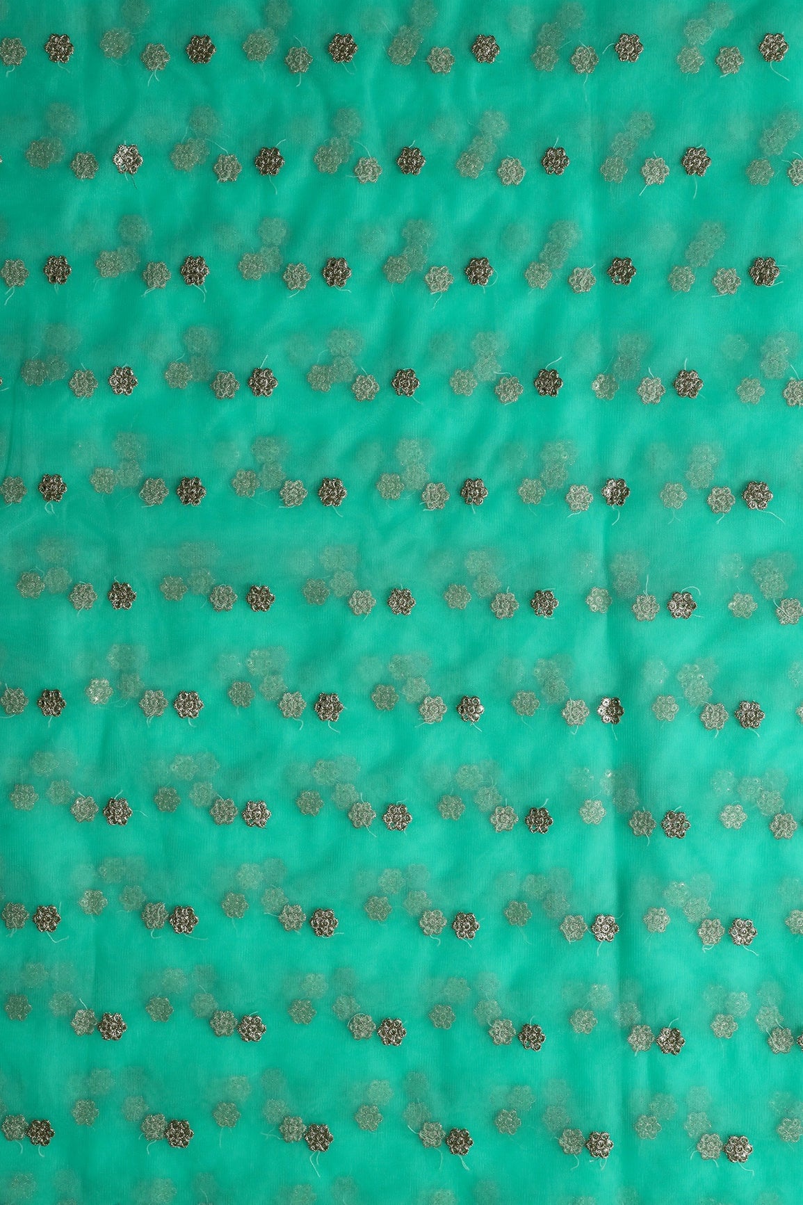 Gold Zari With Gold Sequins Small Booti Embroidery Work On Sea Green Soft Net Fabric - doeraa
