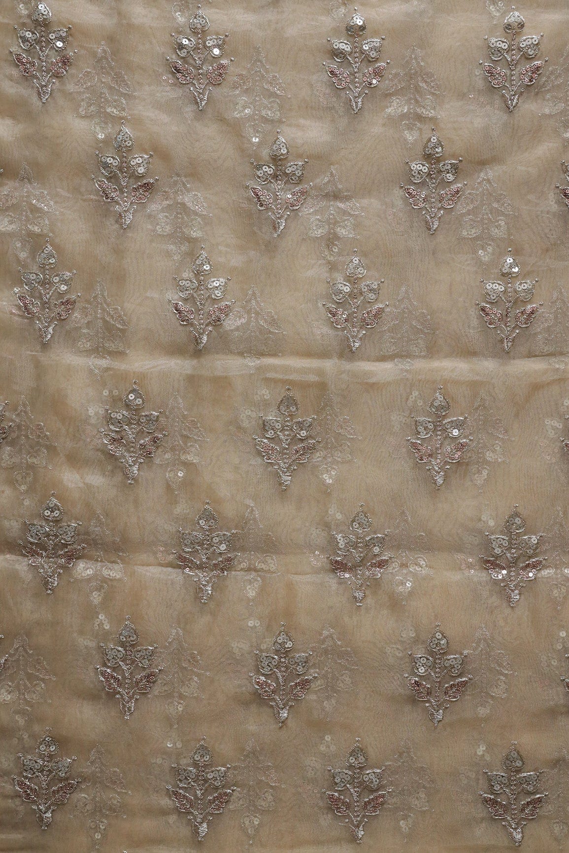 Gold Zari With Sequins Beautiful Leafy Embroidery Work On Beige Tissue Fabric - doeraa