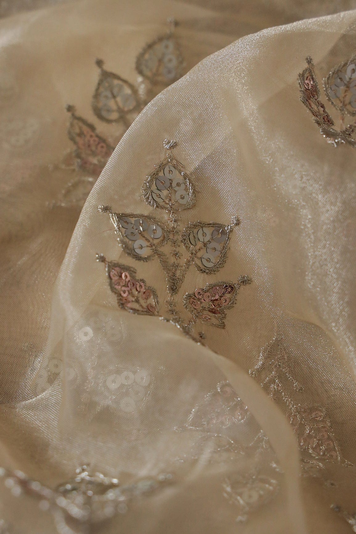 Gold Zari With Sequins Beautiful Leafy Embroidery Work On Beige Tissue Fabric - doeraa