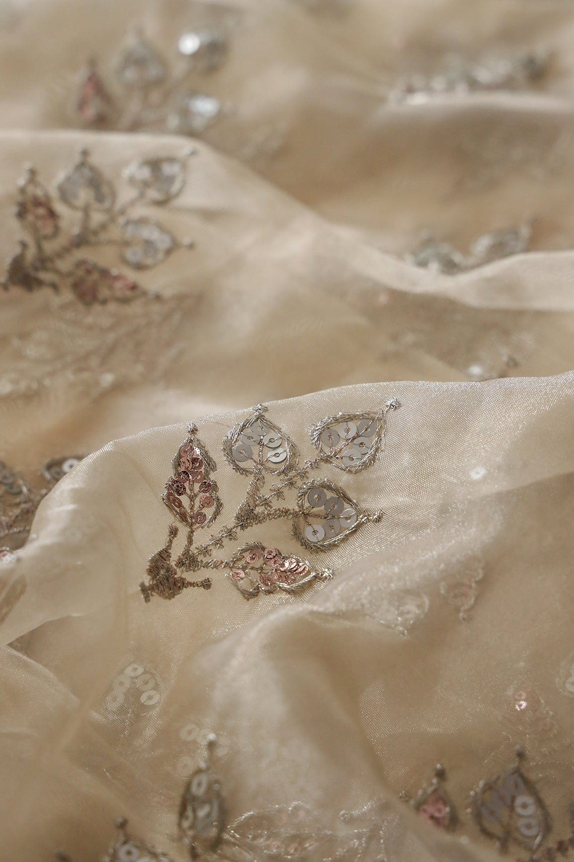 Gold Zari With Sequins Beautiful Leafy Embroidery Work On Beige Tissue Fabric - doeraa