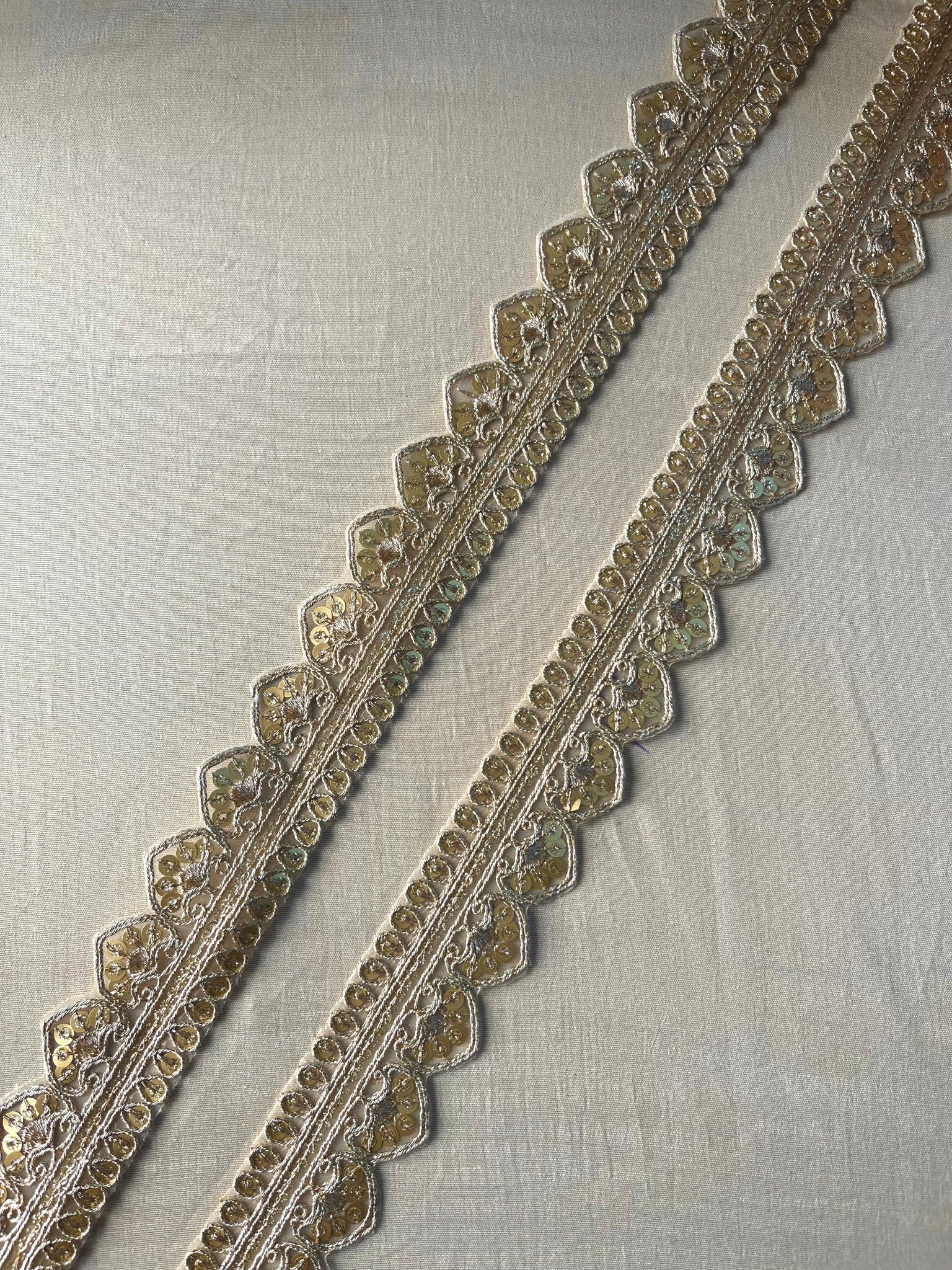 Gold Zari With Sequins Embroidered Scallop Lace (9 Meters) - doeraa