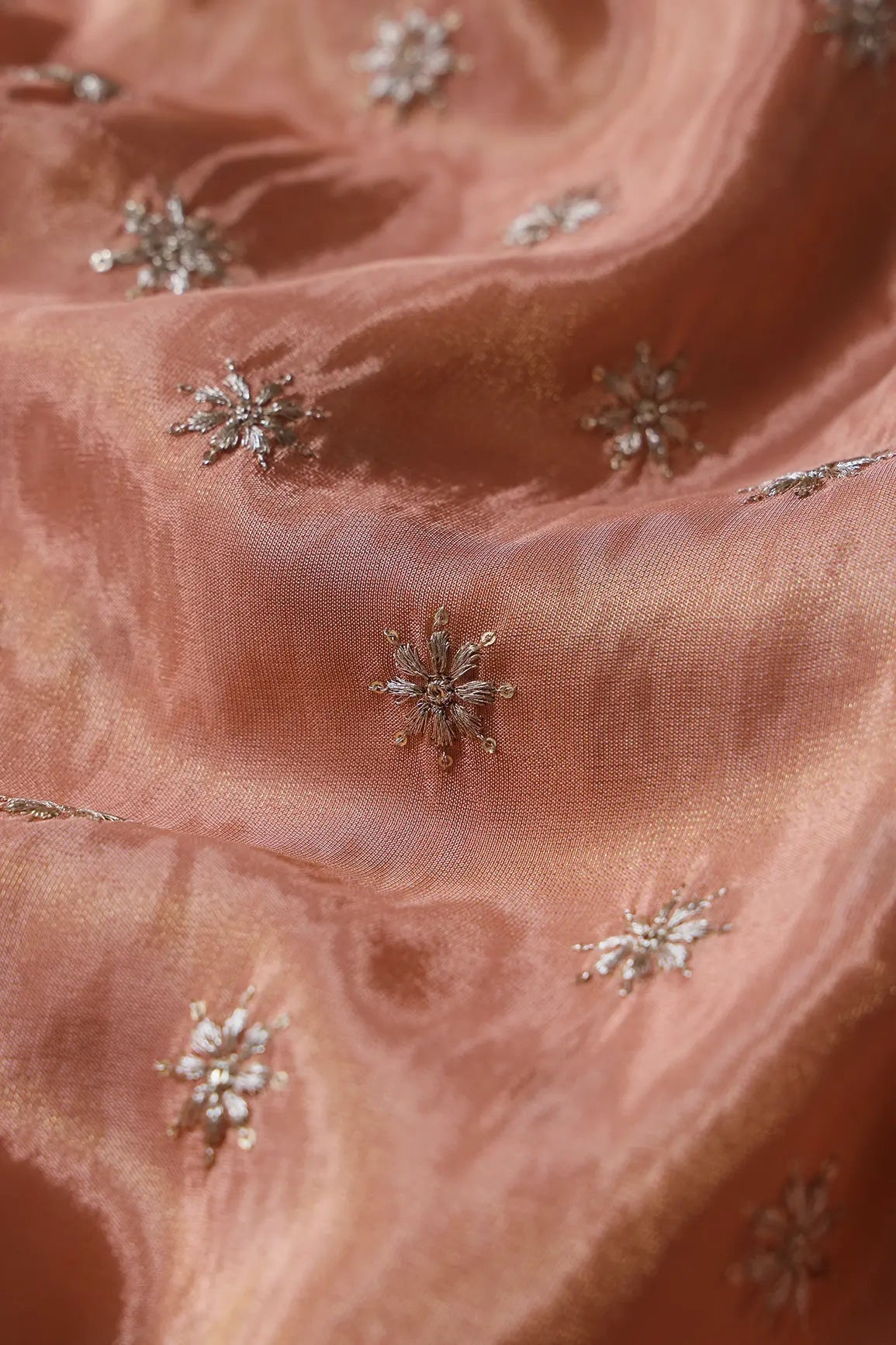 Gold Zari With Sequins Small Floral Booti Embroidery Work On Peach Pure Viscose Zari Tissue Fabric - doeraa