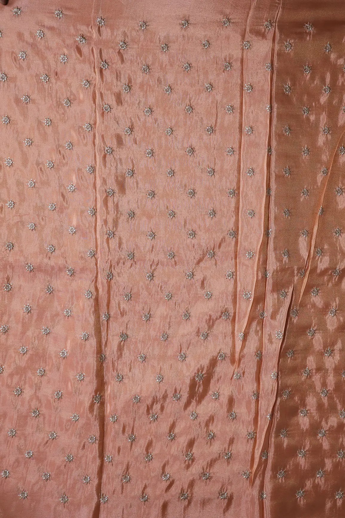 Gold Zari With Sequins Small Floral Booti Embroidery Work On Peach Pure Viscose Zari Tissue Fabric - doeraa