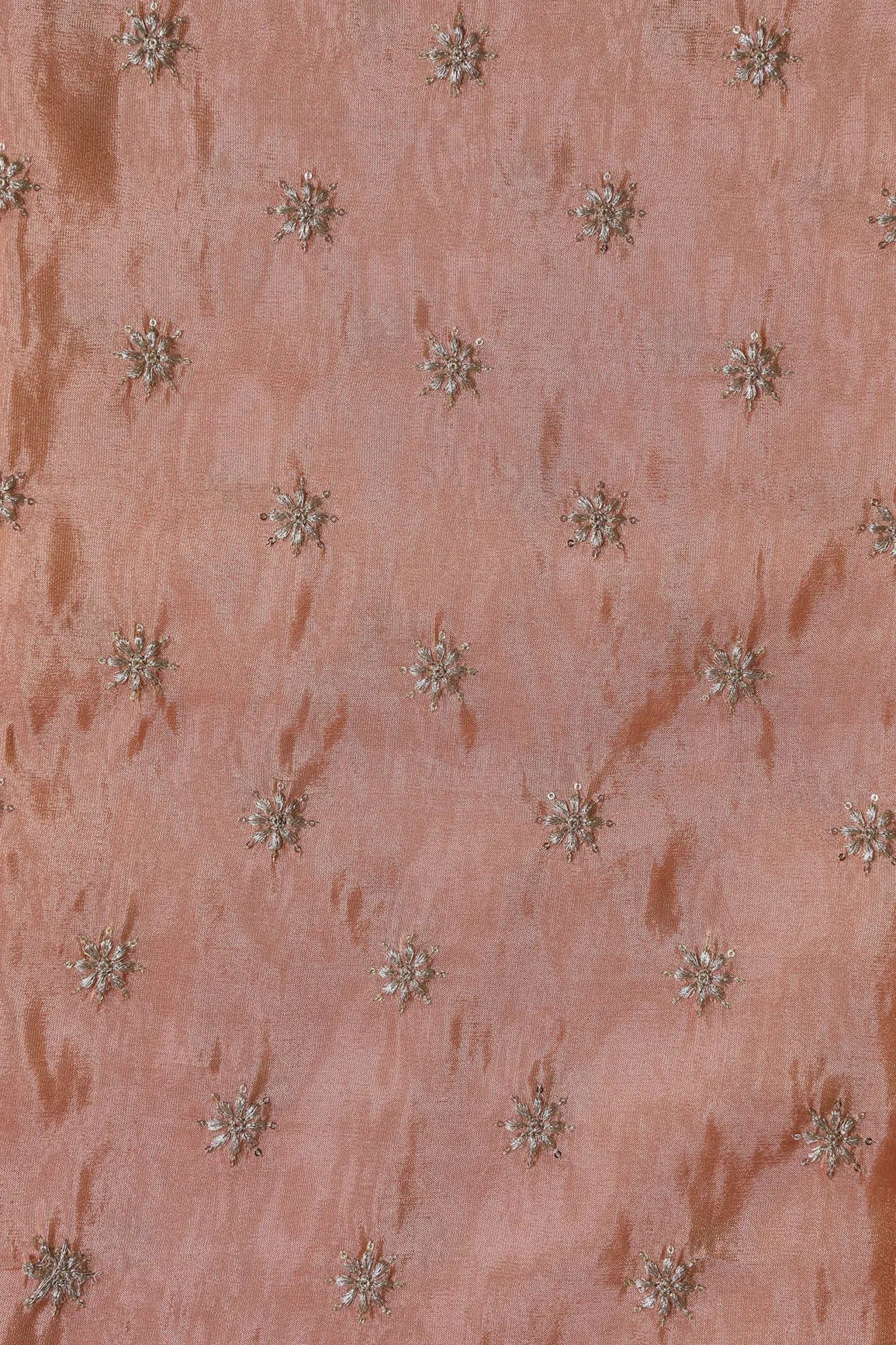 Gold Zari With Sequins Small Floral Booti Embroidery Work On Peach Pure Viscose Zari Tissue Fabric - doeraa