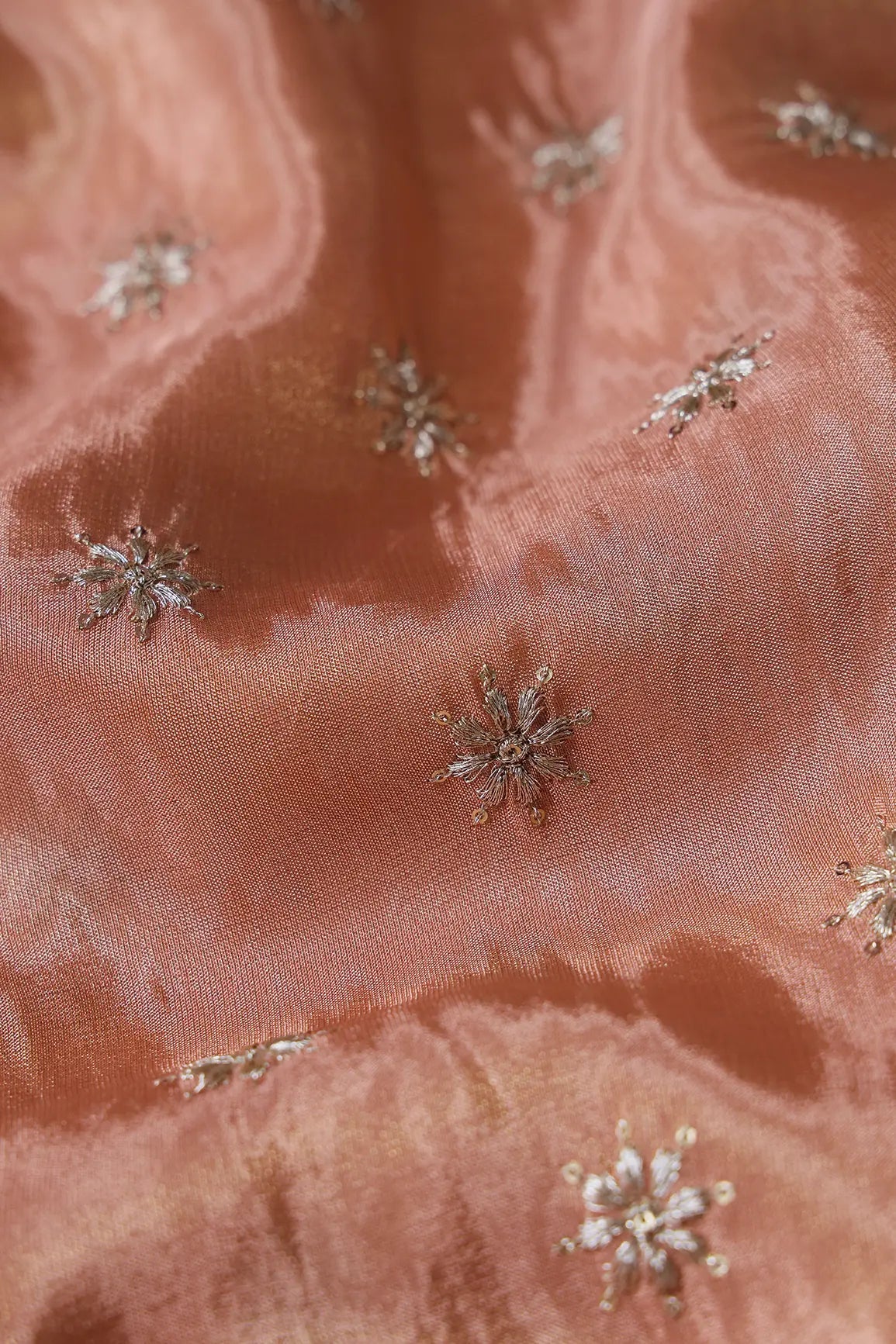 Gold Zari With Sequins Small Floral Booti Embroidery Work On Peach Pure Viscose Zari Tissue Fabric - doeraa
