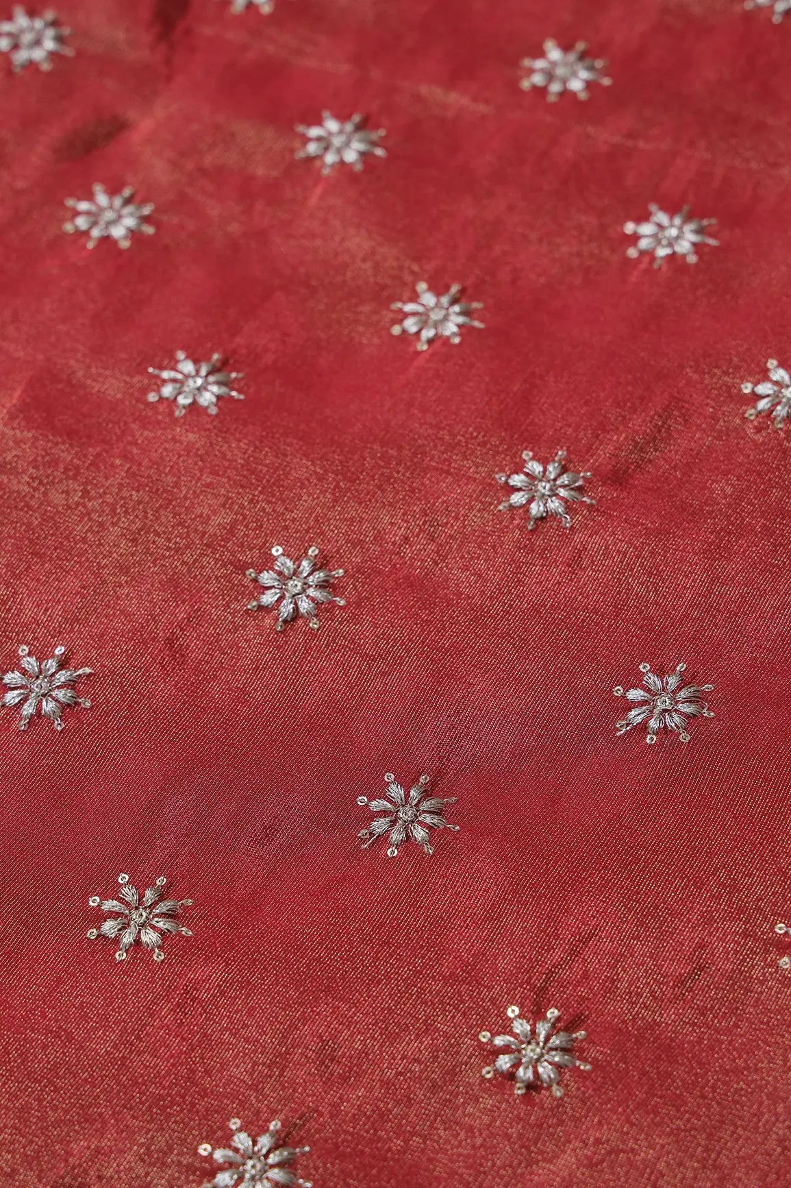 Gold Zari With Sequins Small Floral Booti Embroidery Work On Red Pure Viscose Zari Tissue Fabric - doeraa
