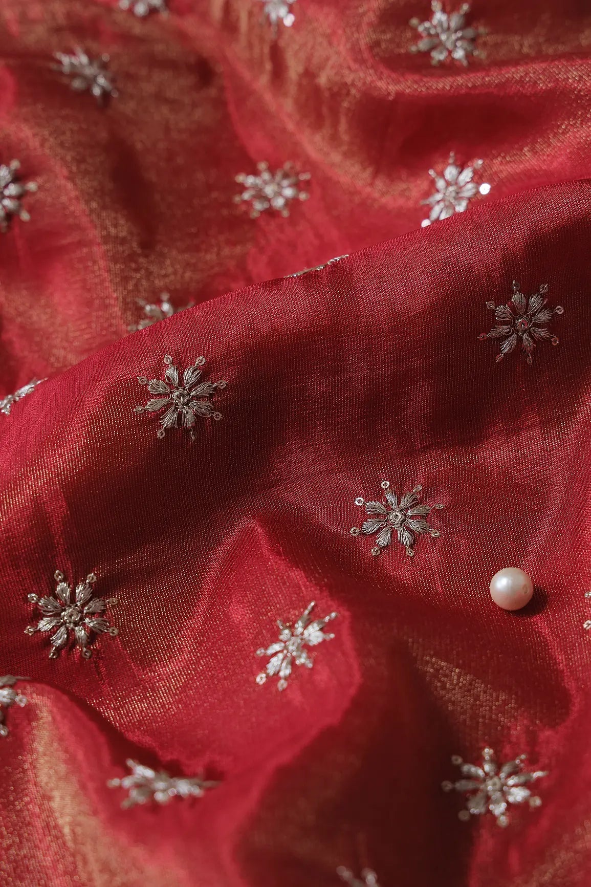 Gold Zari With Sequins Small Floral Booti Embroidery Work On Red Pure Viscose Zari Tissue Fabric - doeraa