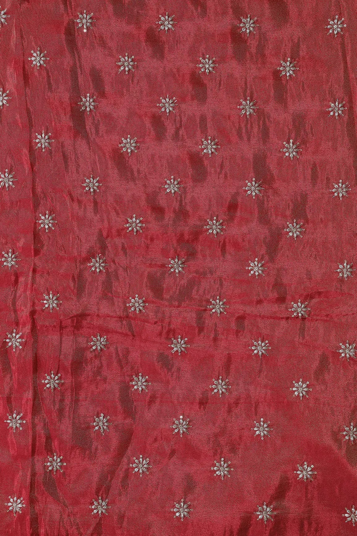 Gold Zari With Sequins Small Floral Booti Embroidery Work On Red Pure Viscose Zari Tissue Fabric - doeraa