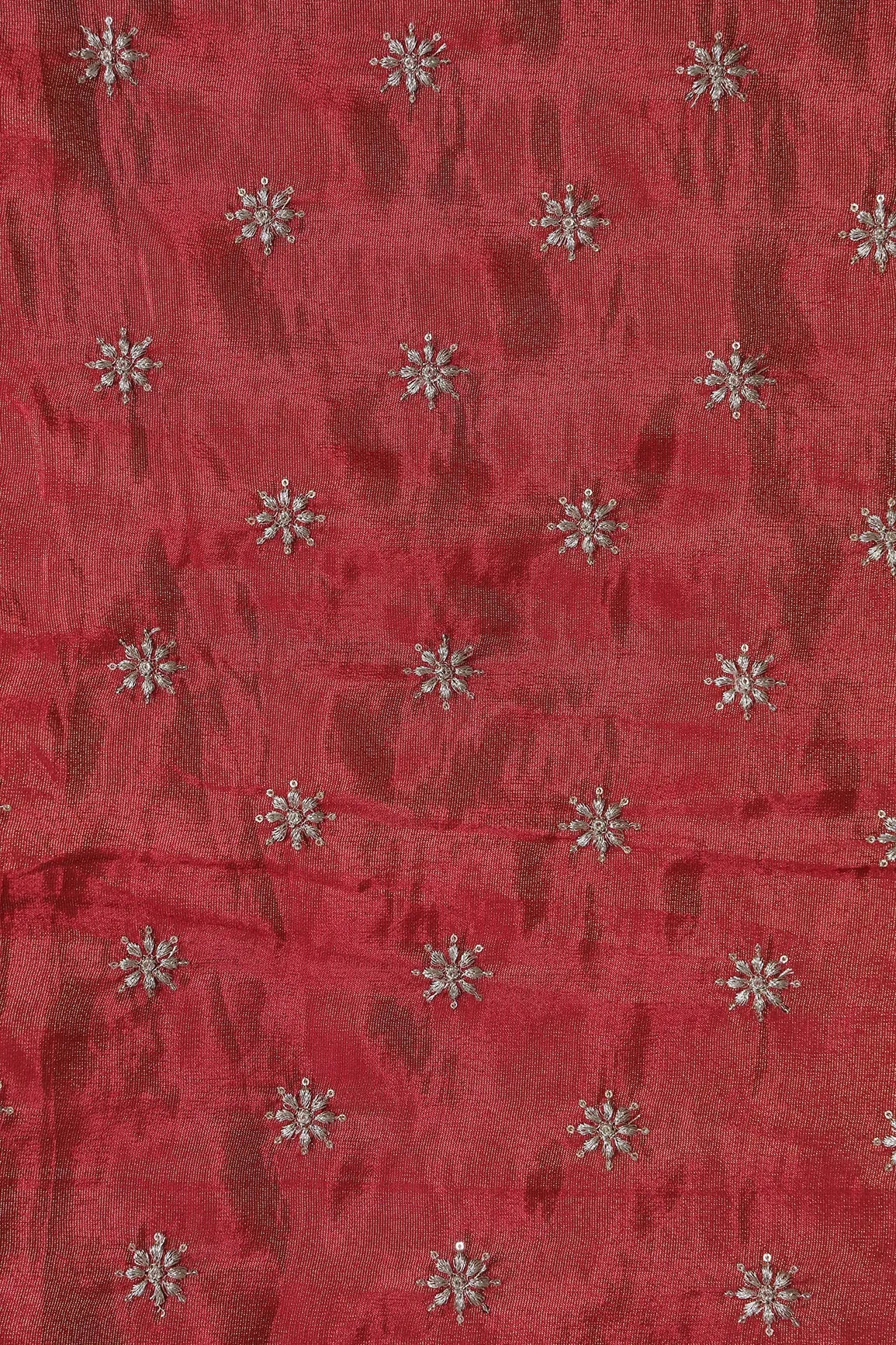 Gold Zari With Sequins Small Floral Booti Embroidery Work On Red Pure Viscose Zari Tissue Fabric - doeraa