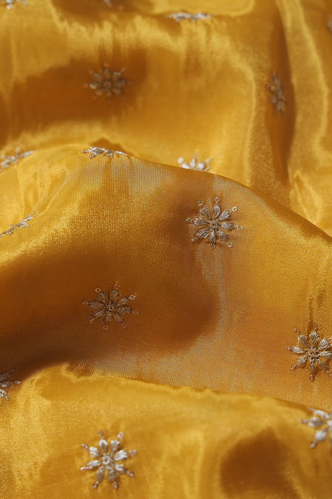 Gold Zari With Sequins Small Floral Booti Embroidery Work On Yellow Pure Viscose Zari Tissue Fabric - doeraa