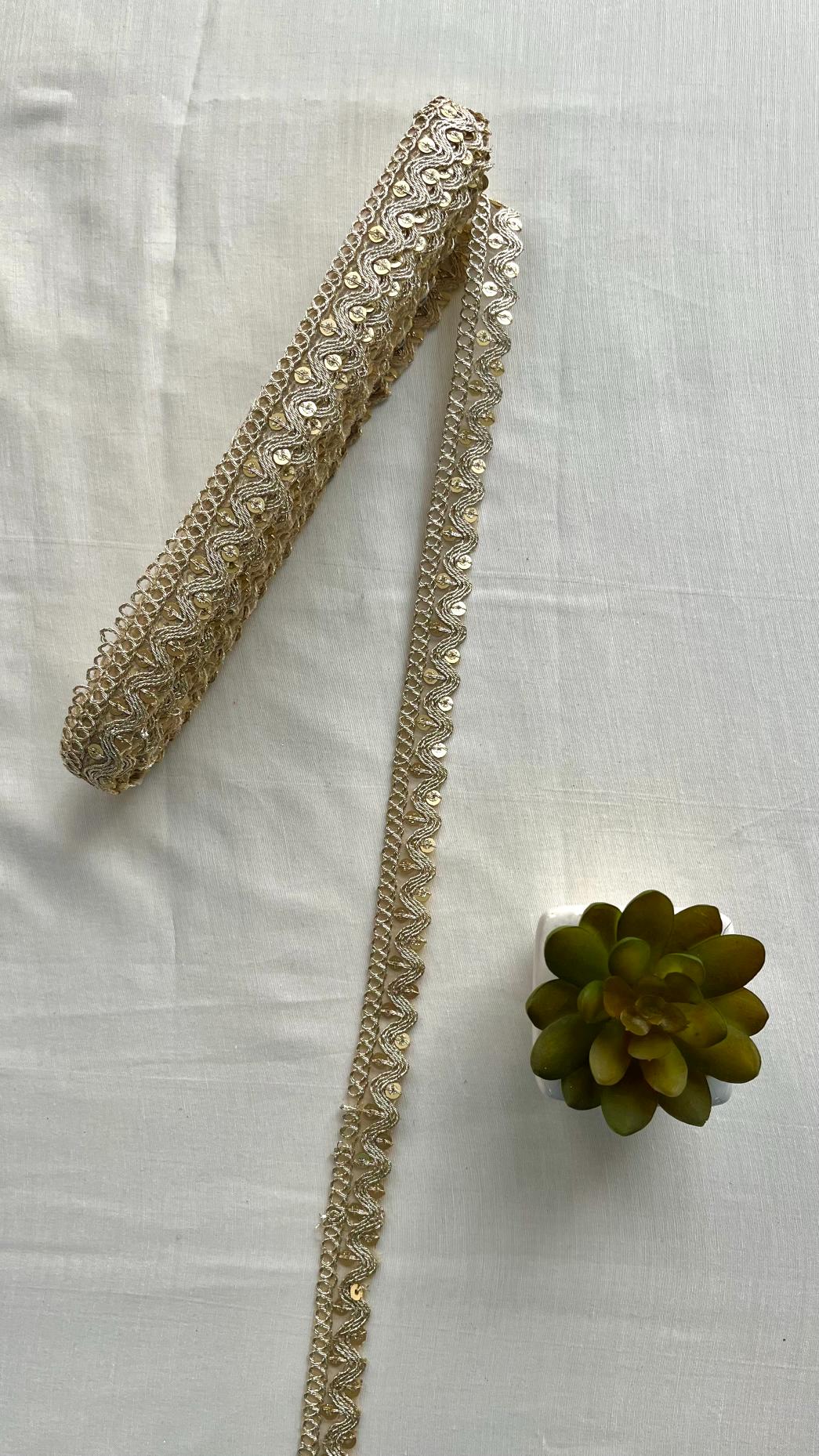 Gold Zari With Sequins Wavy Embroidered Lace (9 Meters) - doeraa