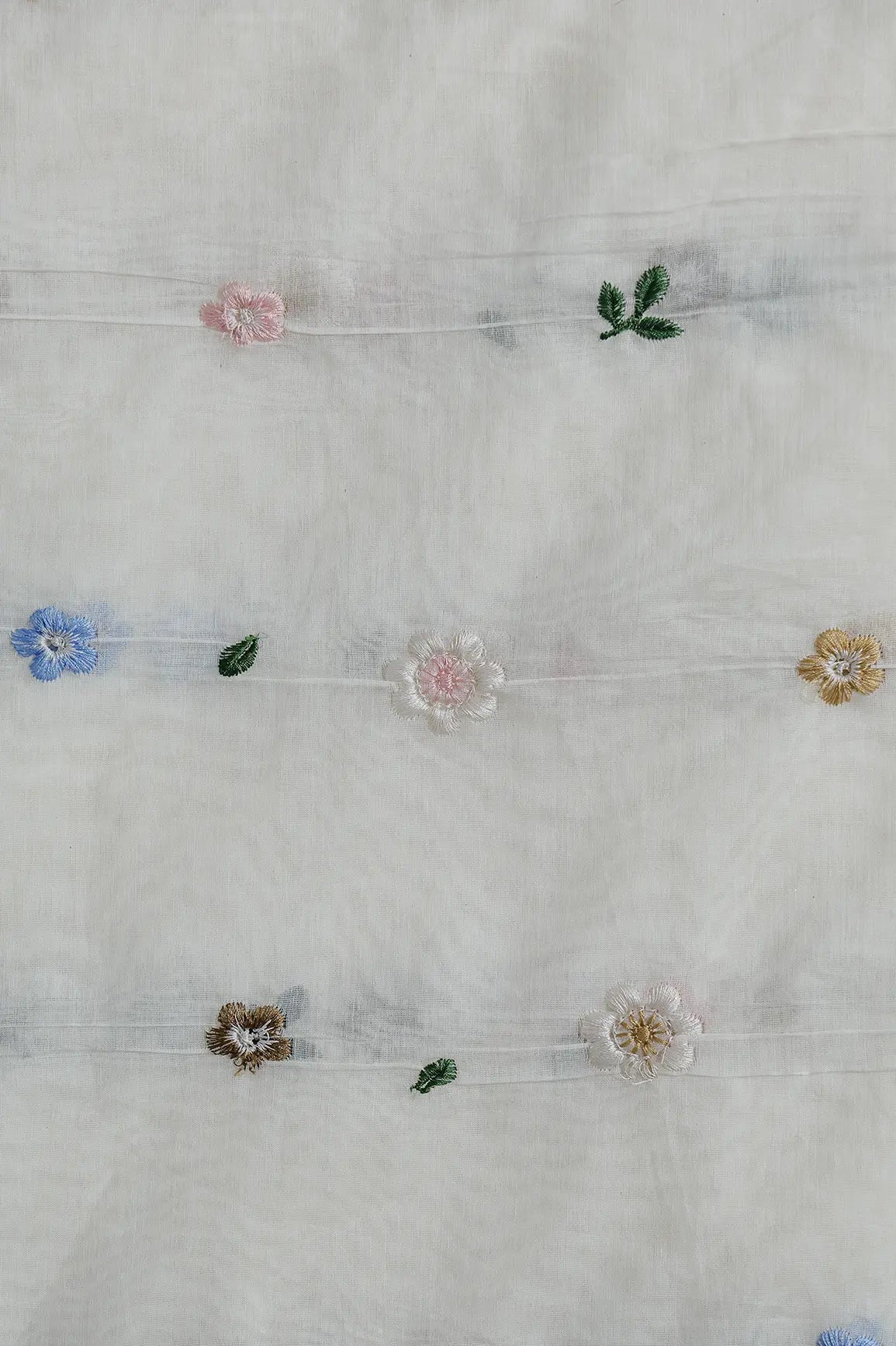 Gorgeous Multi Thread Floral Embroidery Work On Off White Pure Mul Chanderi Silk Fabric - doeraa