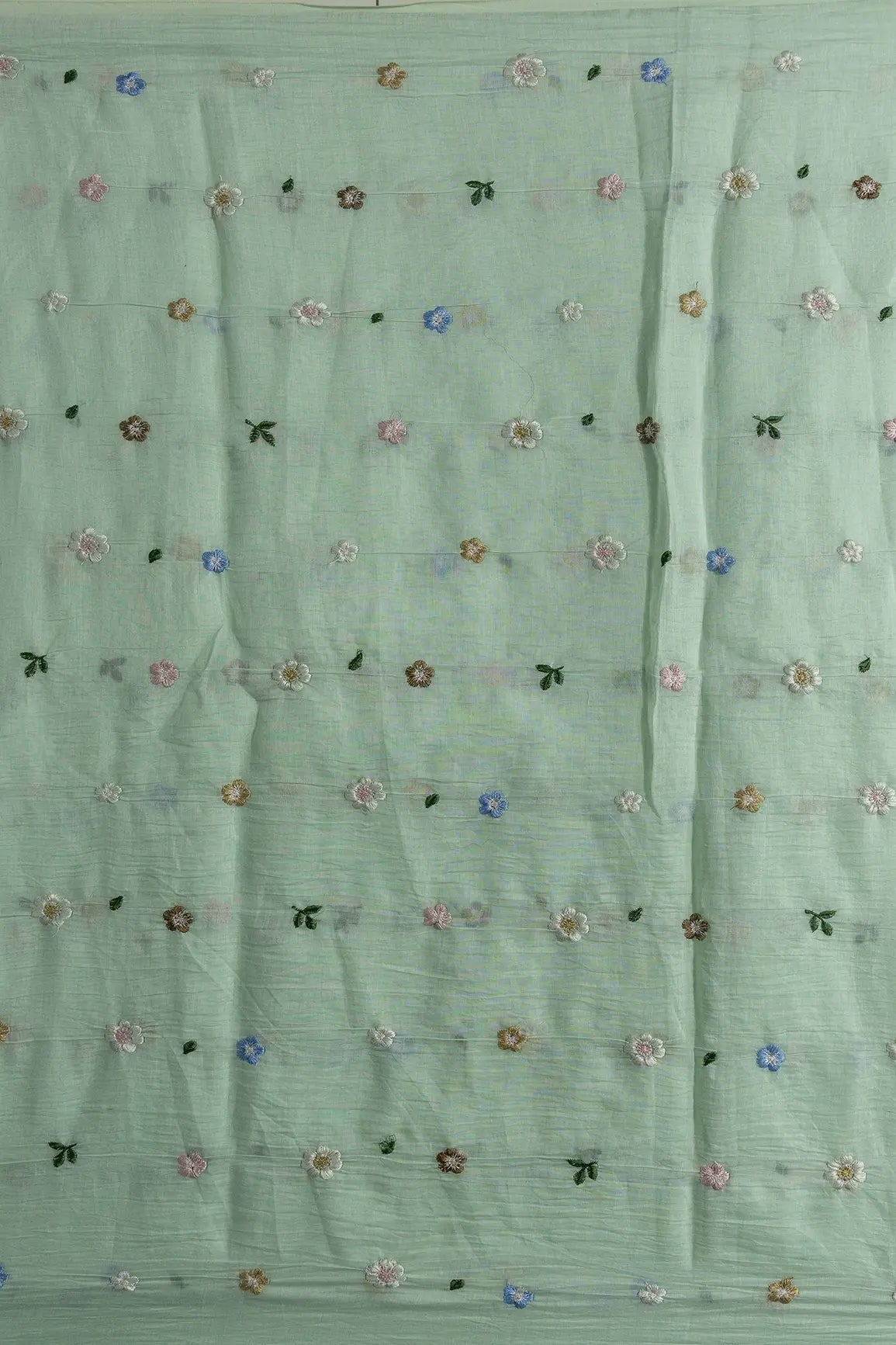 Gorgeous Multi Thread Floral Embroidery Work On Pastel Green Pure Mul Chanderi Silk Fabric - doeraa