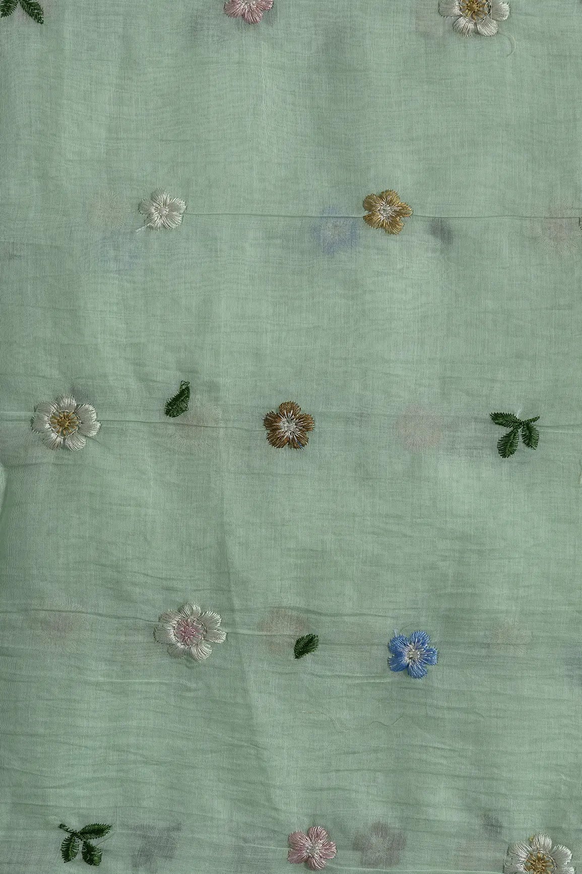 Gorgeous Multi Thread Floral Embroidery Work On Pastel Green Pure Mul Chanderi Silk Fabric - doeraa