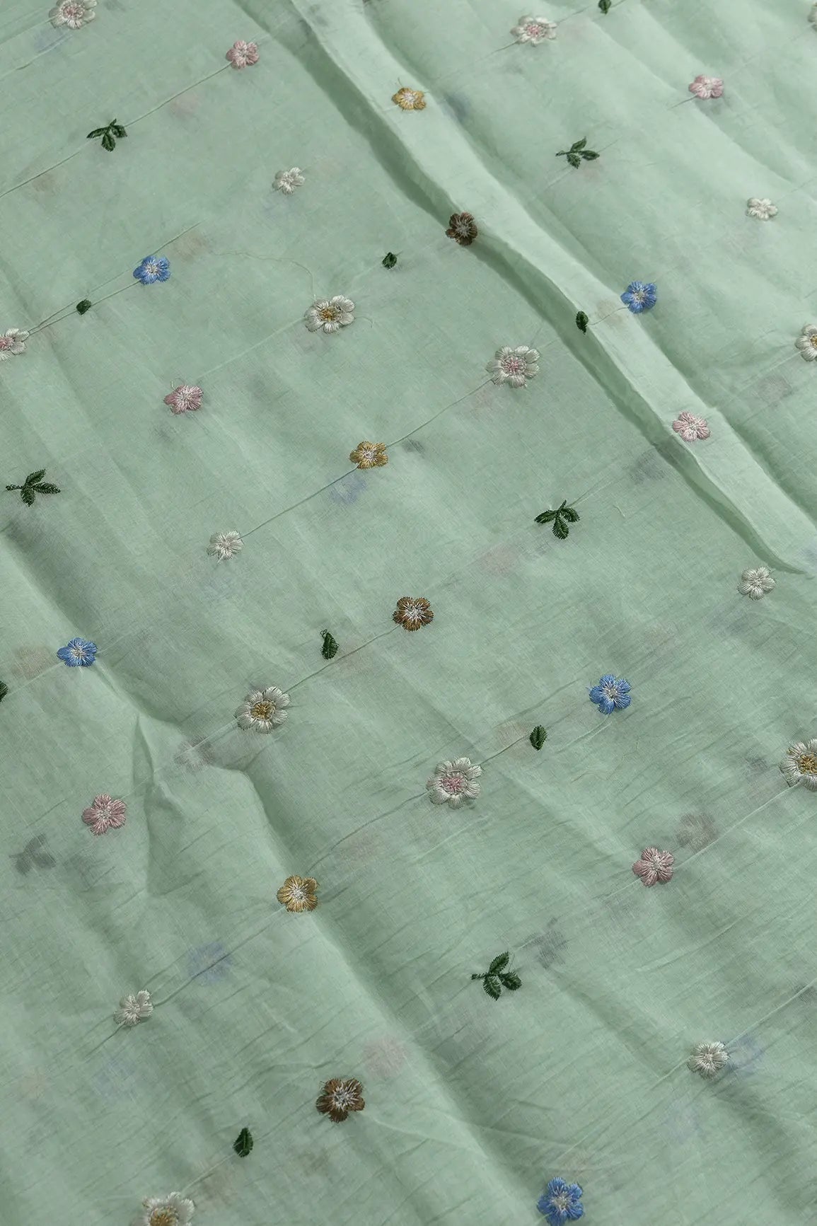 Gorgeous Multi Thread Floral Embroidery Work On Pastel Green Pure Mul Chanderi Silk Fabric - doeraa