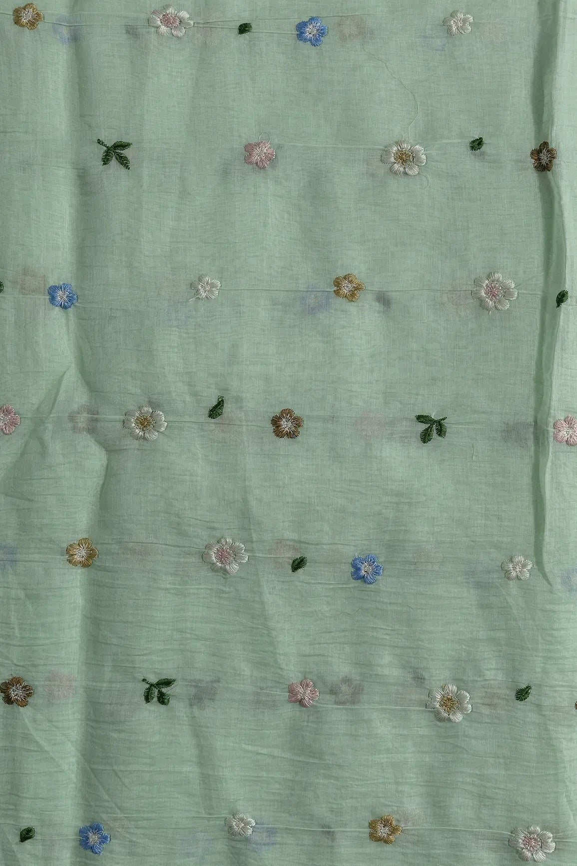 Gorgeous Multi Thread Floral Embroidery Work On Pastel Green Pure Mul Chanderi Silk Fabric - doeraa