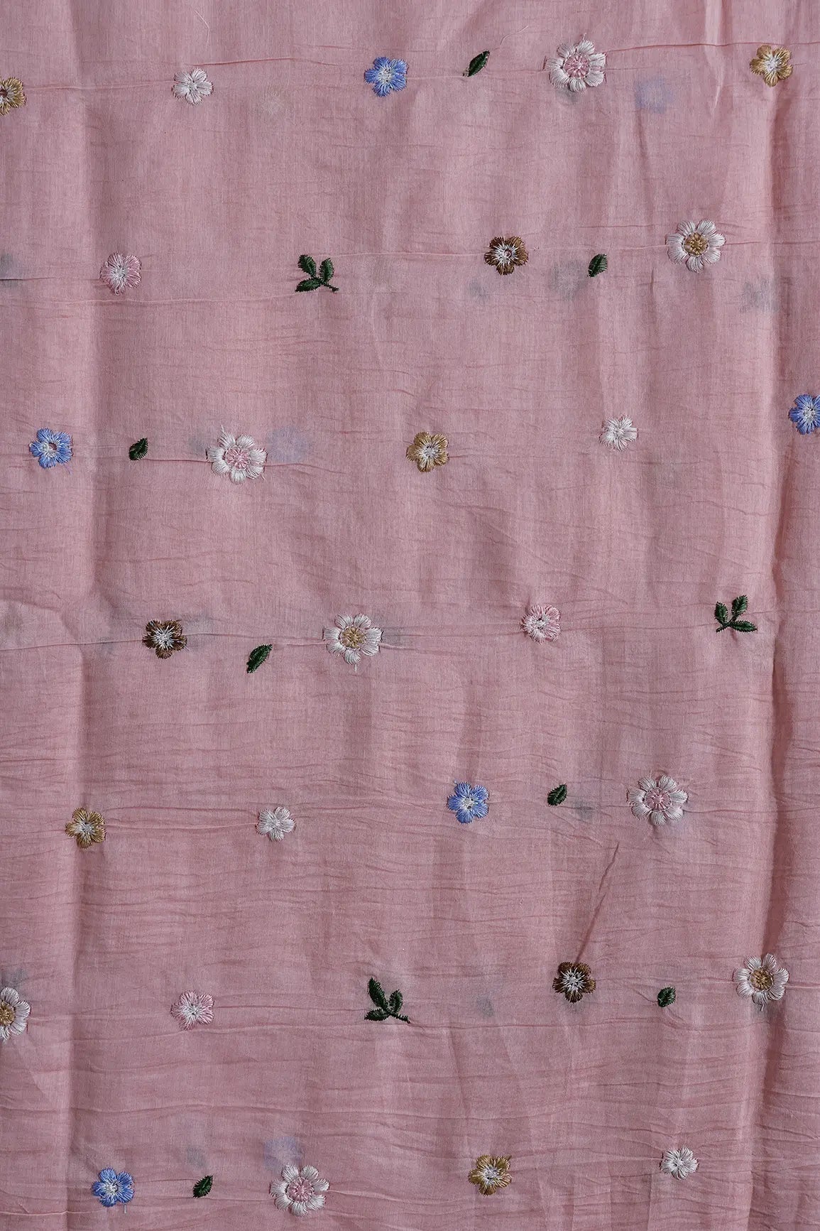 Gorgeous Multi Thread Floral Embroidery Work On Pastel Pink Pure Mul Chanderi Silk Fabric - doeraa