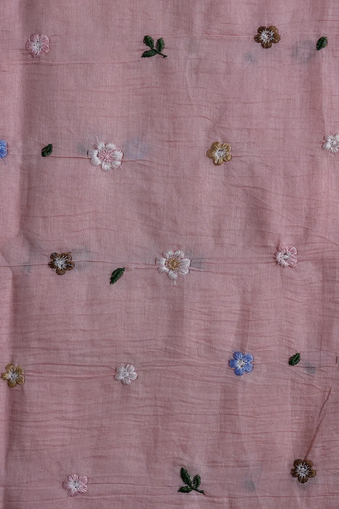 Gorgeous Multi Thread Floral Embroidery Work On Pastel Pink Pure Mul Chanderi Silk Fabric - doeraa