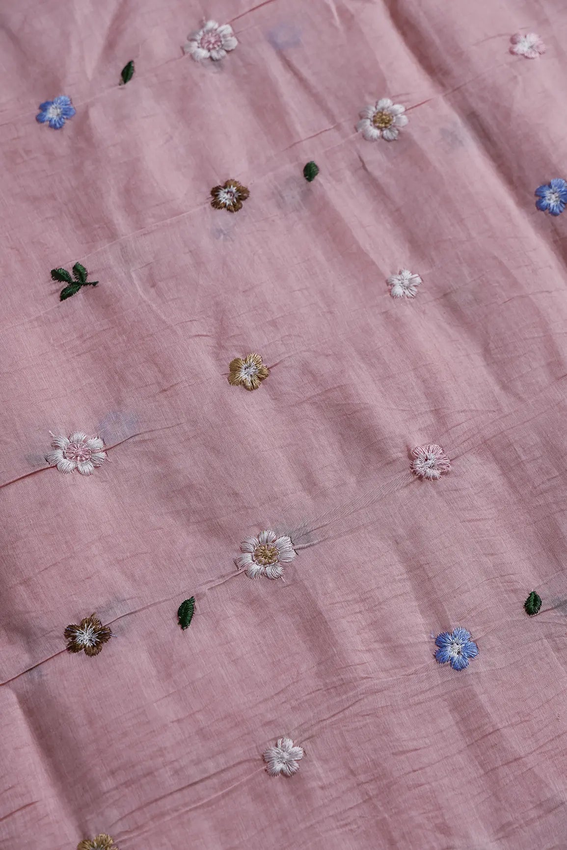 Gorgeous Multi Thread Floral Embroidery Work On Pastel Pink Pure Mul Chanderi Silk Fabric - doeraa