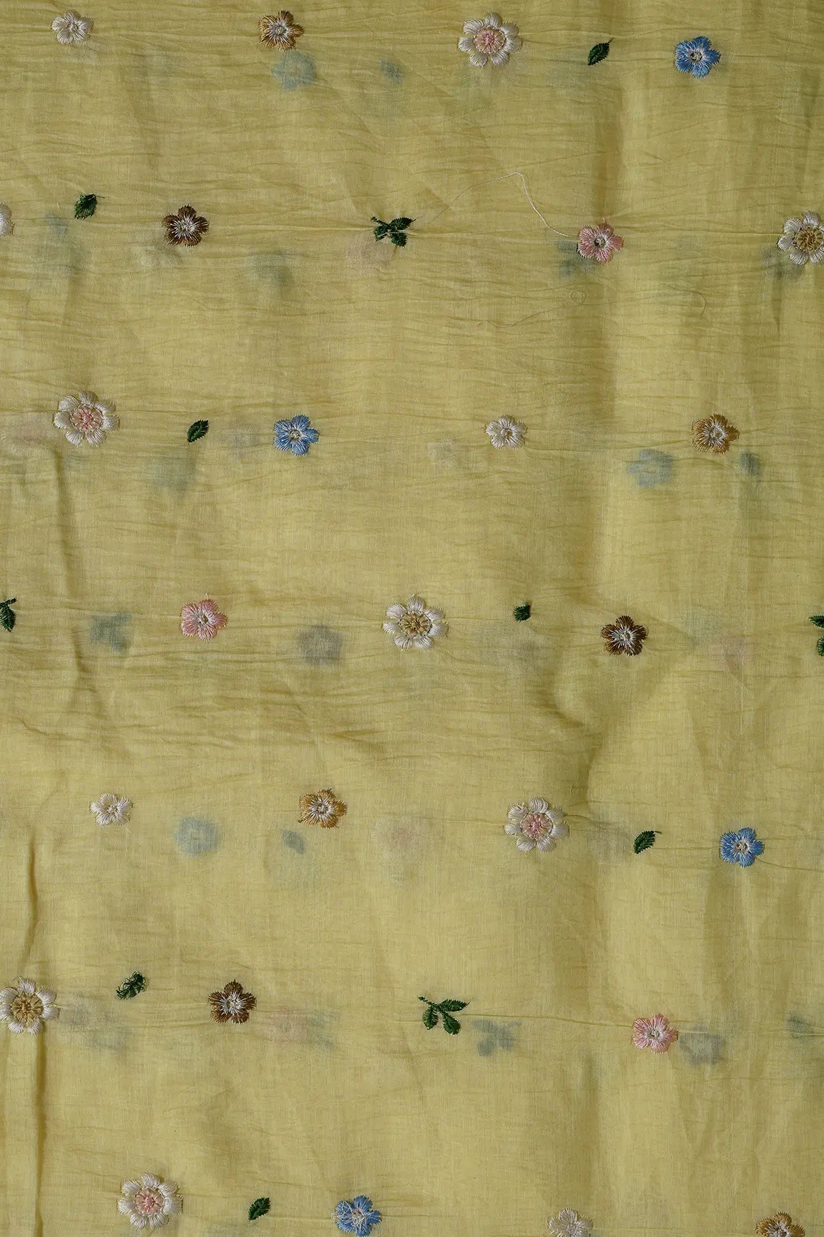 Gorgeous Multi Thread Floral Embroidery Work On Pastel Yellow Pure Mul Chanderi Silk Fabric - doeraa