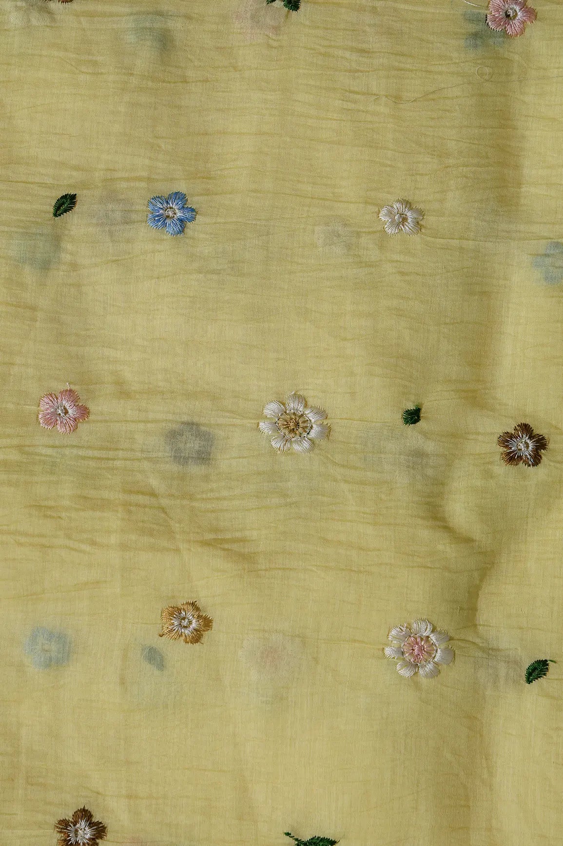Gorgeous Multi Thread Floral Embroidery Work On Pastel Yellow Pure Mul Chanderi Silk Fabric - doeraa