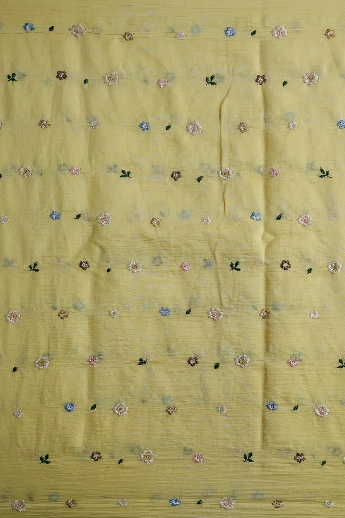 Gorgeous Multi Thread Floral Embroidery Work On Pastel Yellow Pure Mul Chanderi Silk Fabric - doeraa