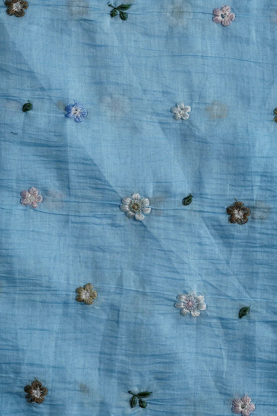 Gorgeous Multi Thread Floral Embroidery Work On Sky Blue Pure Mul Chanderi Silk Fabric - doeraa