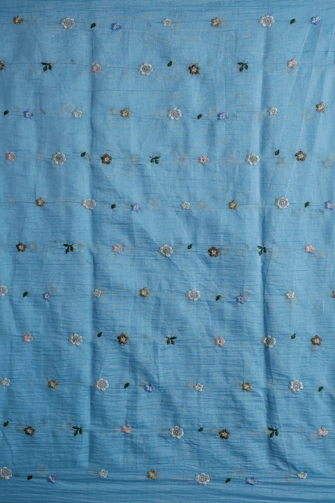 Gorgeous Multi Thread Floral Embroidery Work On Sky Blue Pure Mul Chanderi Silk Fabric - doeraa