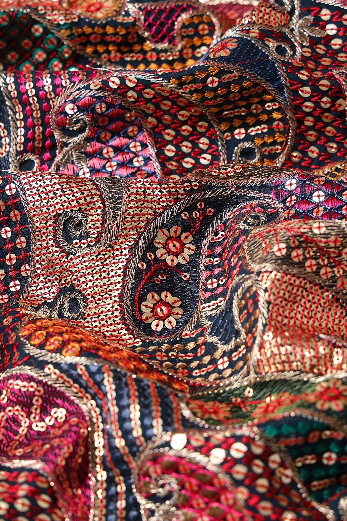 Gorgeous Multi Thread With Gold Sequins Paisley Heavy Embroidery On Prussian Blue Georgette Fabric - doeraa